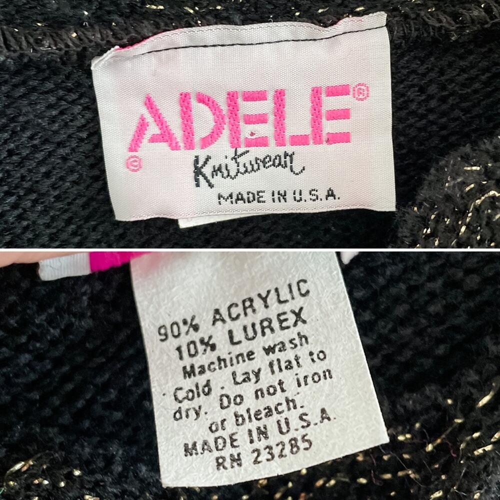 Adele vintage 80s ruffle neck gold metallic & black knit sweater size large L - Picture 5 of 7